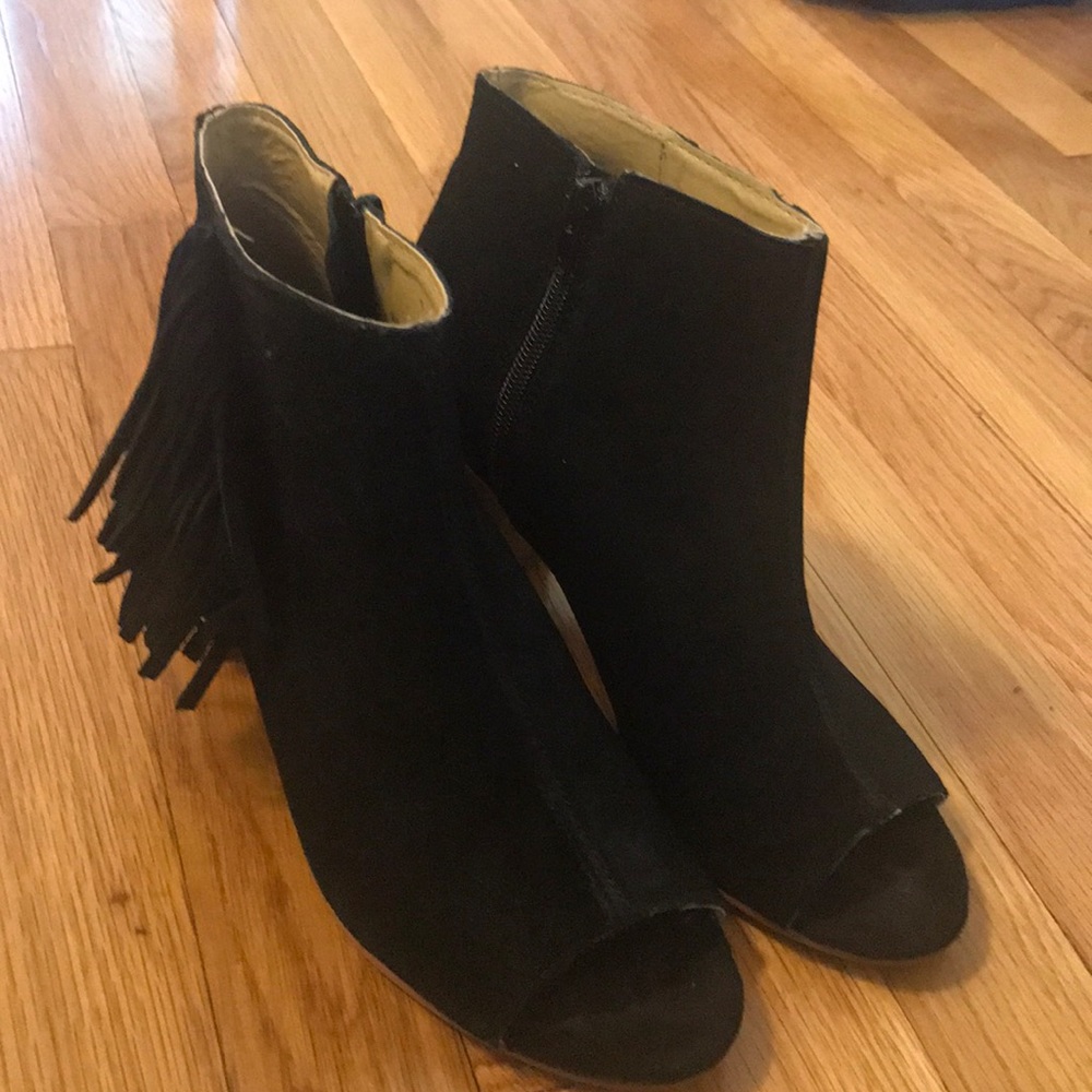 Kensie open toe booties with fringe detail